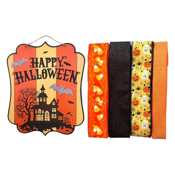 Halloween Haunted House Wreath Kit - Happy Halloween Sign & Coordinating Ribbons - Picture 1 of 5
